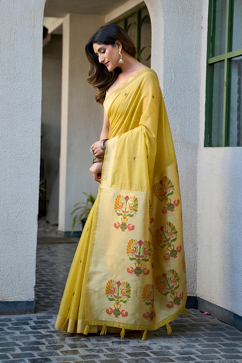 Monjolika Fashion Lemon Yellow Cotton Blend Jacquard Saree with Traditional Paithani Pallu