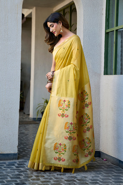 Monjolika Fashion Lemon Yellow Cotton Blend Jacquard Saree with Traditional Paithani Pallu