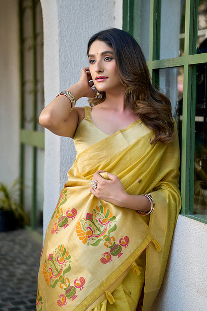 Monjolika Fashion Lemon Yellow Cotton Blend Jacquard Saree with Traditional Paithani Pallu