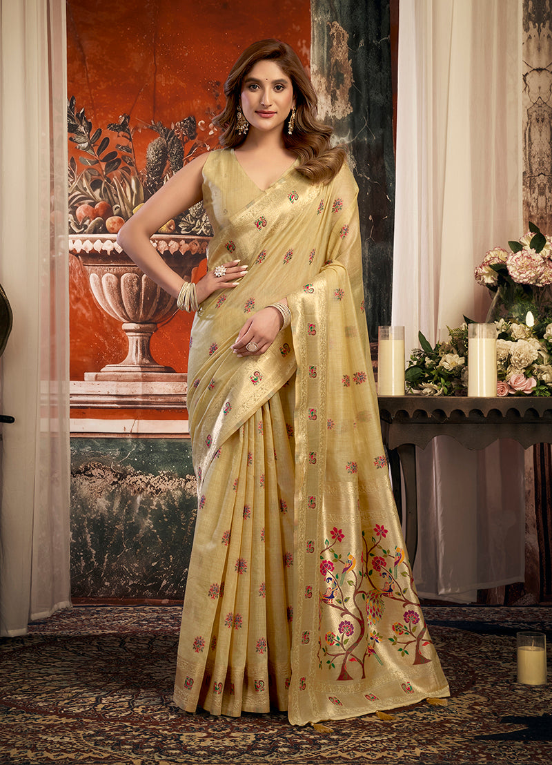 Monjolika Fashion Beige Kota Silk Blend Paithani Saree with Meenakari Floral Bootis