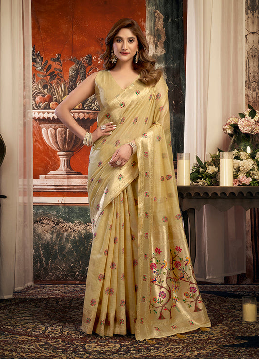 Monjolika Fashion Beige Kota Silk Blend Paithani Saree with Meenakari Floral Bootis