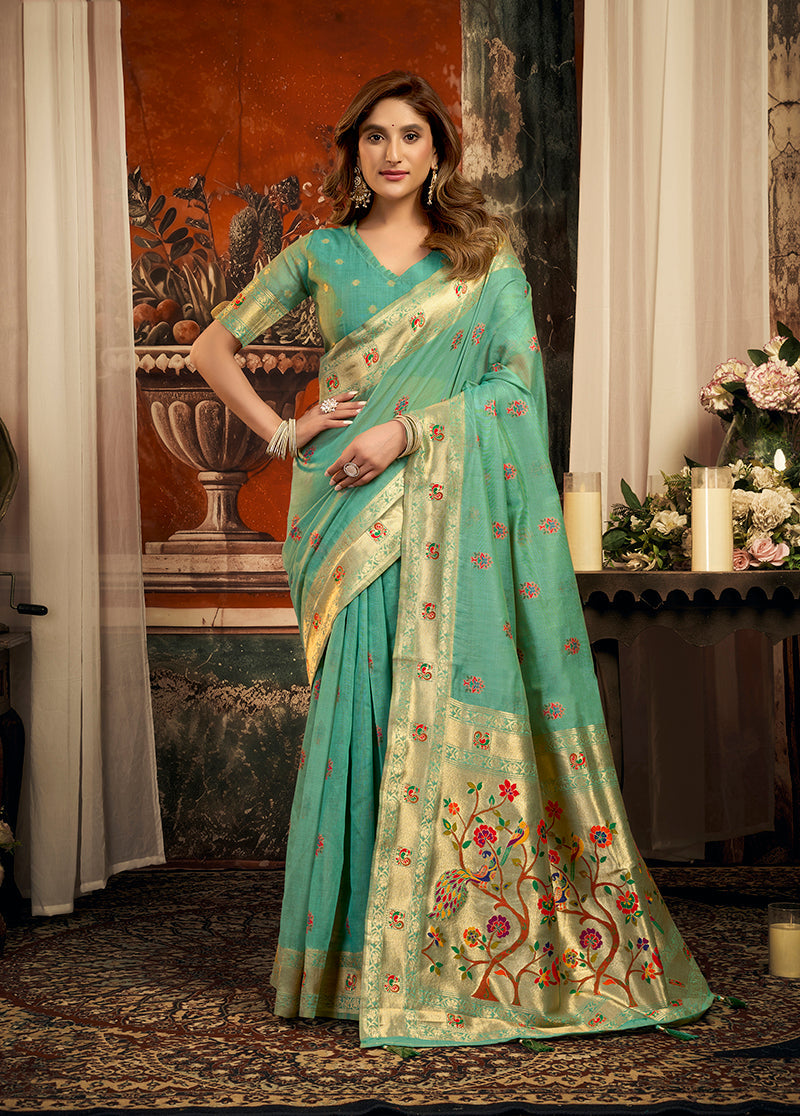 Monjolika Fashion Turquoise Kota Silk Blend Paithani Saree with Meenakari Floral Bootis