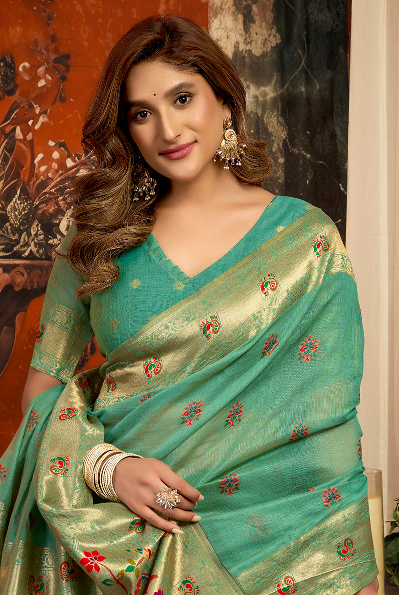 Monjolika Fashion Turquoise Kota Silk Blend Paithani Saree with Meenakari Floral Bootis