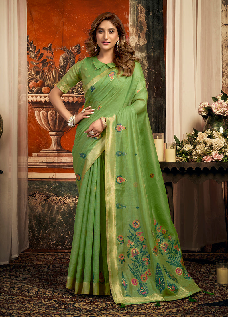 Monjolika Fashion Leaf Green Cotton Blend Saree with Meenakari Work And unstiched Blouse