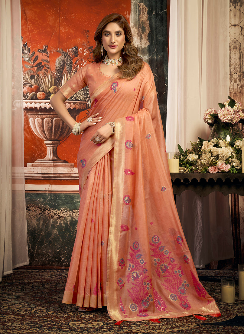 Monjolika Fashion Peach Cotton Blend Saree with Meenakari Work And unstiched Blouse