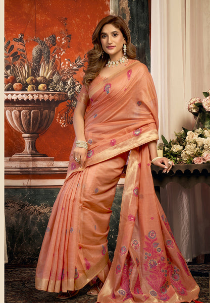 Monjolika Fashion Peach Cotton Blend Saree with Meenakari Work And unstiched Blouse
