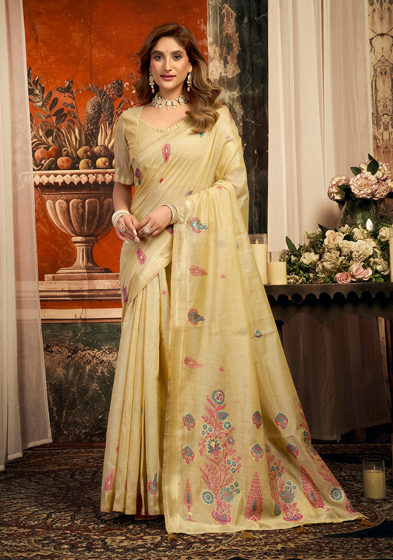 Monjolika Fashion Beige Cotton Blend Saree with Meenakari Work And unstiched Blouse