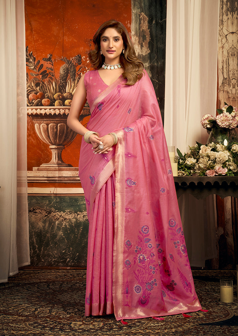 Monjolika Fashion Rose Pink Cotton Blend Saree with Meenakari Work And unstiched Blouse
