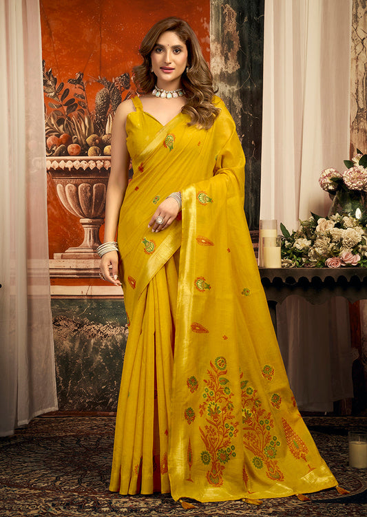 Monjolika Fashion Mustard Cotton Blend Saree with Meenakari Work And unstiched Blouse