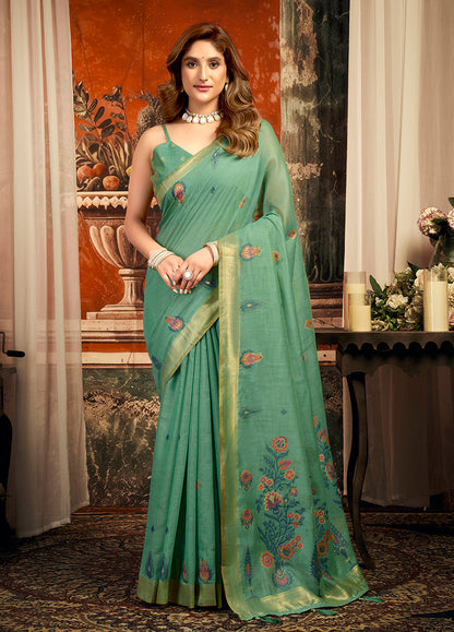 Monjolika Fashion Teal Cotton Blend Saree with Meenakari Work And unstiched Blouse