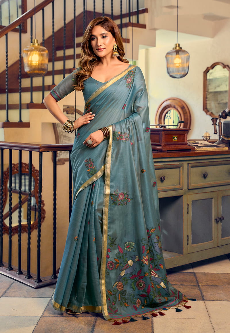 Monjolika Fashion Steel Blue Cotton Blend Saree With Litchi Work & Tassels