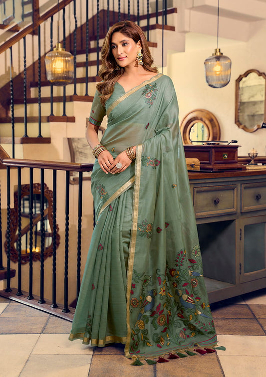 Monjolika Fashion Sage Green Cotton Blend Saree With Litchi Work & Tassels