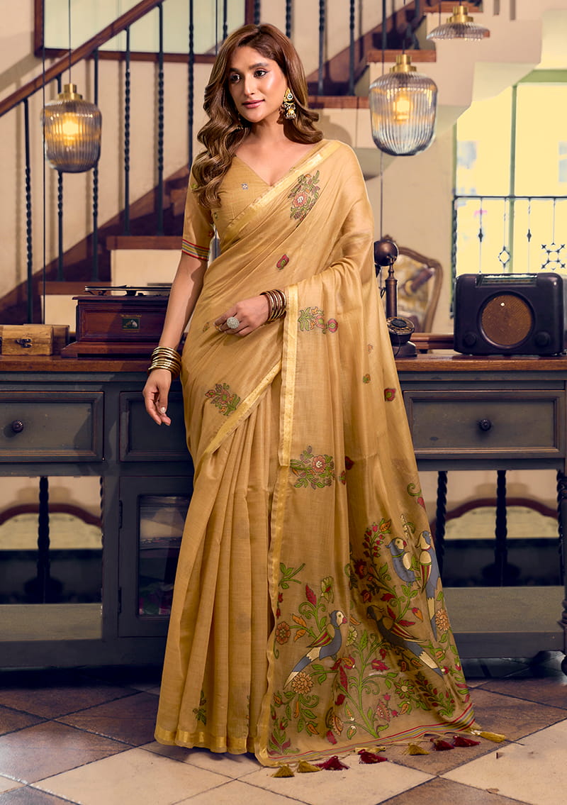 Monjolika Fashion Beige Cotton Blend Saree With Litchi Work & Tassels