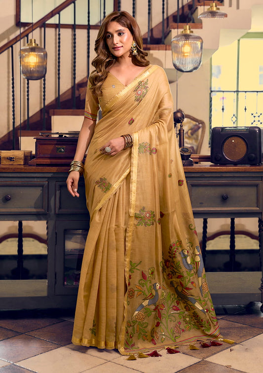 Monjolika Fashion Beige Cotton Blend Saree With Litchi Work & Tassels