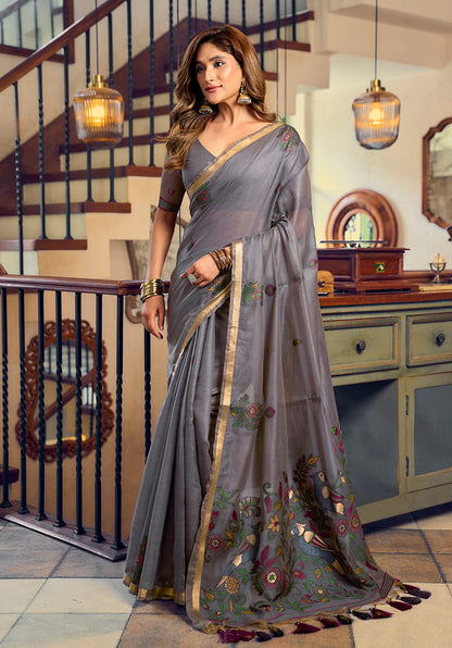 Monjolika Fashion Dark Grey Cotton Blend Saree With Litchi Work & Tassels