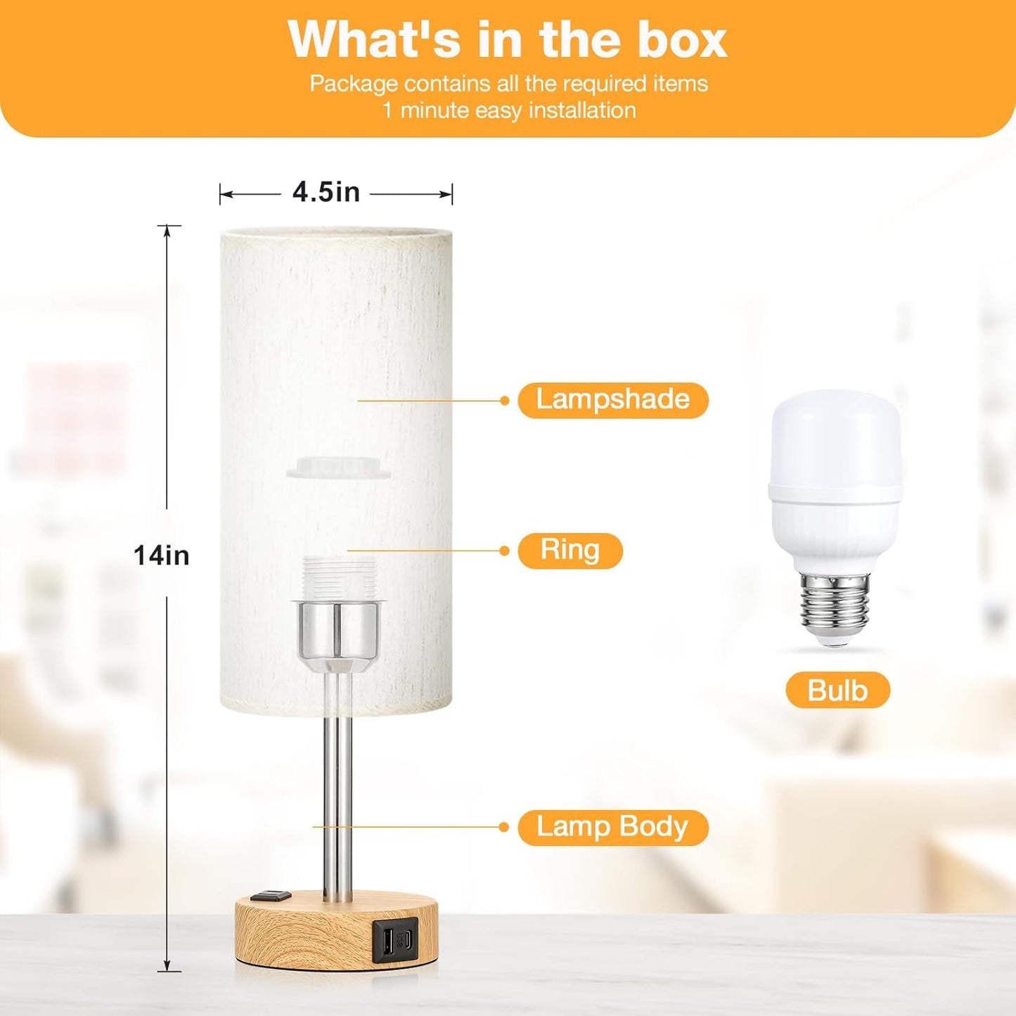 Dimmable Touch Control Table Lamp with USB Ports - Flaxen Fabric Shade, Wood Base, LED Bulb Included