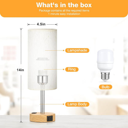 Dimmable Touch Control Table Lamp with USB Ports - Flaxen Fabric Shade, Wood Base, LED Bulb Included