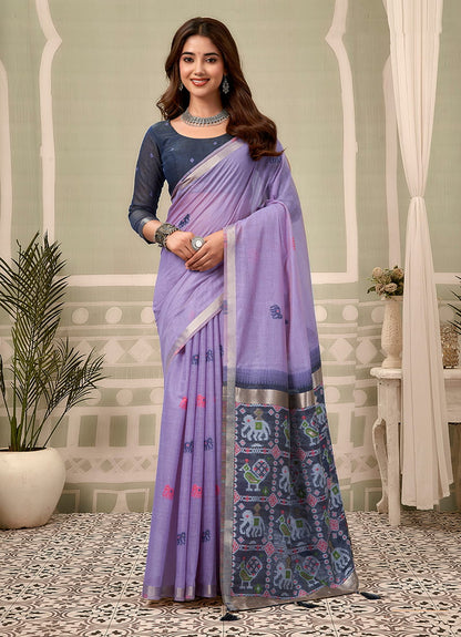 Monjolika Fashion Lavender Linen Blend Saree with Woven Elephant & Geometric Pallu