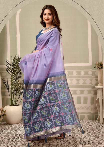 Monjolika Fashion Lavender Linen Blend Saree with Woven Elephant & Geometric Pallu