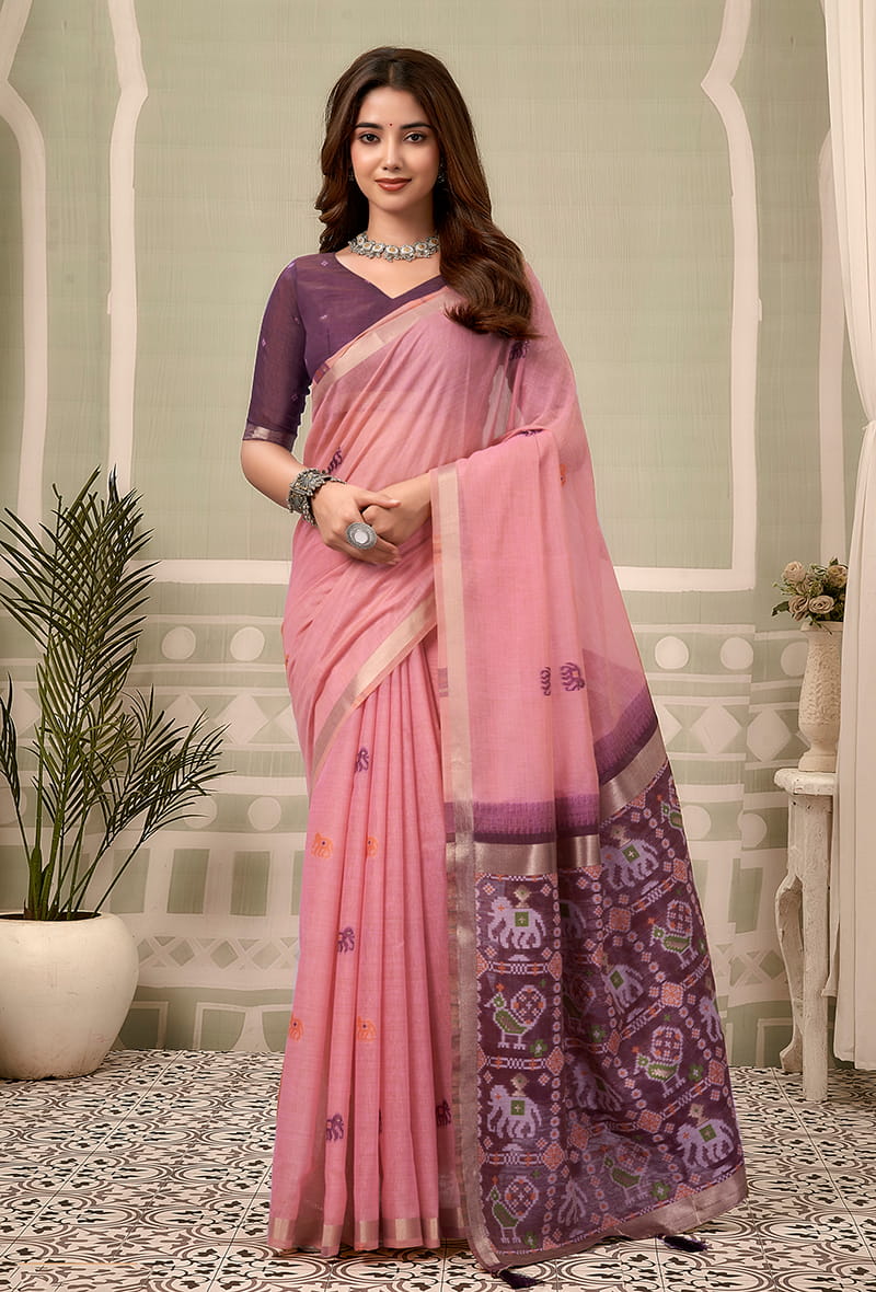 Monjolika Fashion Baby Pink Linen Blend Saree with Woven Elephant & Geometric Pallu