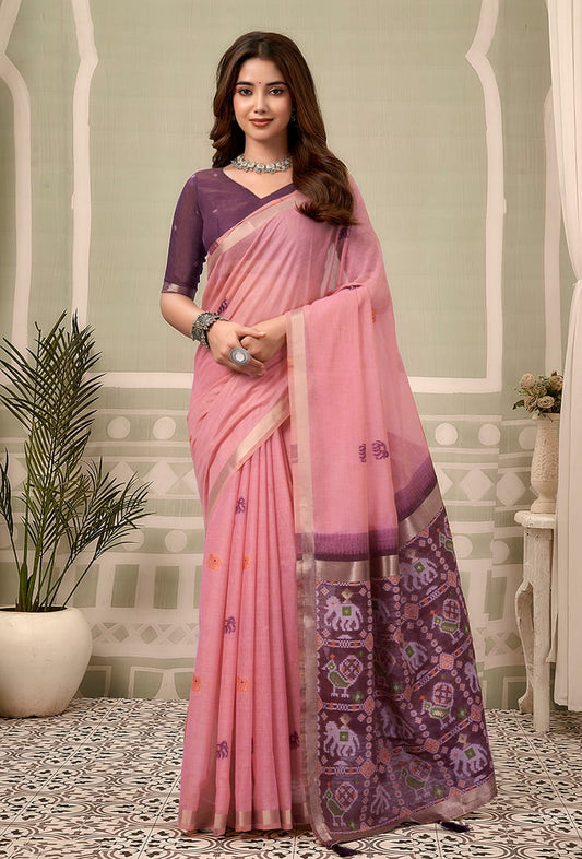 Monjolika Fashion Baby Pink Linen Blend Saree with Woven Elephant & Geometric Pallu
