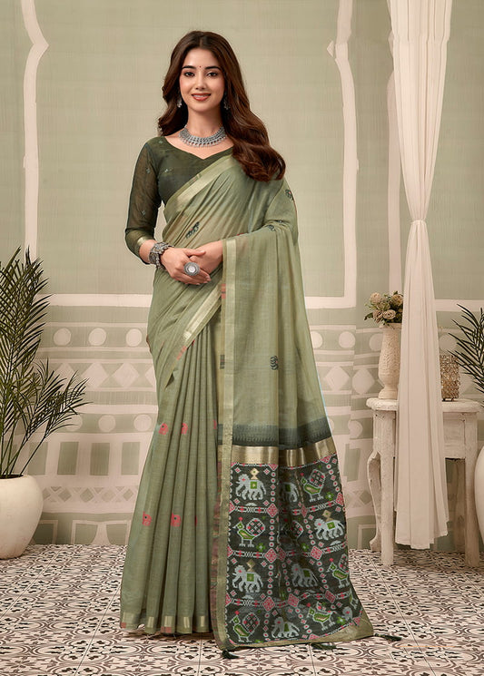 Monjolika Fashion Sage Green Linen Blend Saree with Woven Elephant & Geometric Pallu