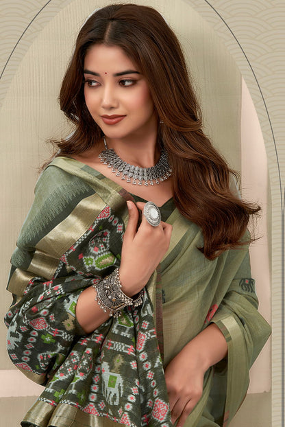 Monjolika Fashion Sage Green Linen Blend Saree with Woven Elephant & Geometric Pallu