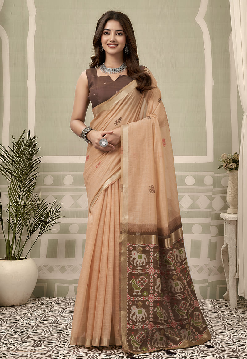 Monjolika Fashion Peach Linen Blend Saree with Woven Elephant & Geometric Pallu