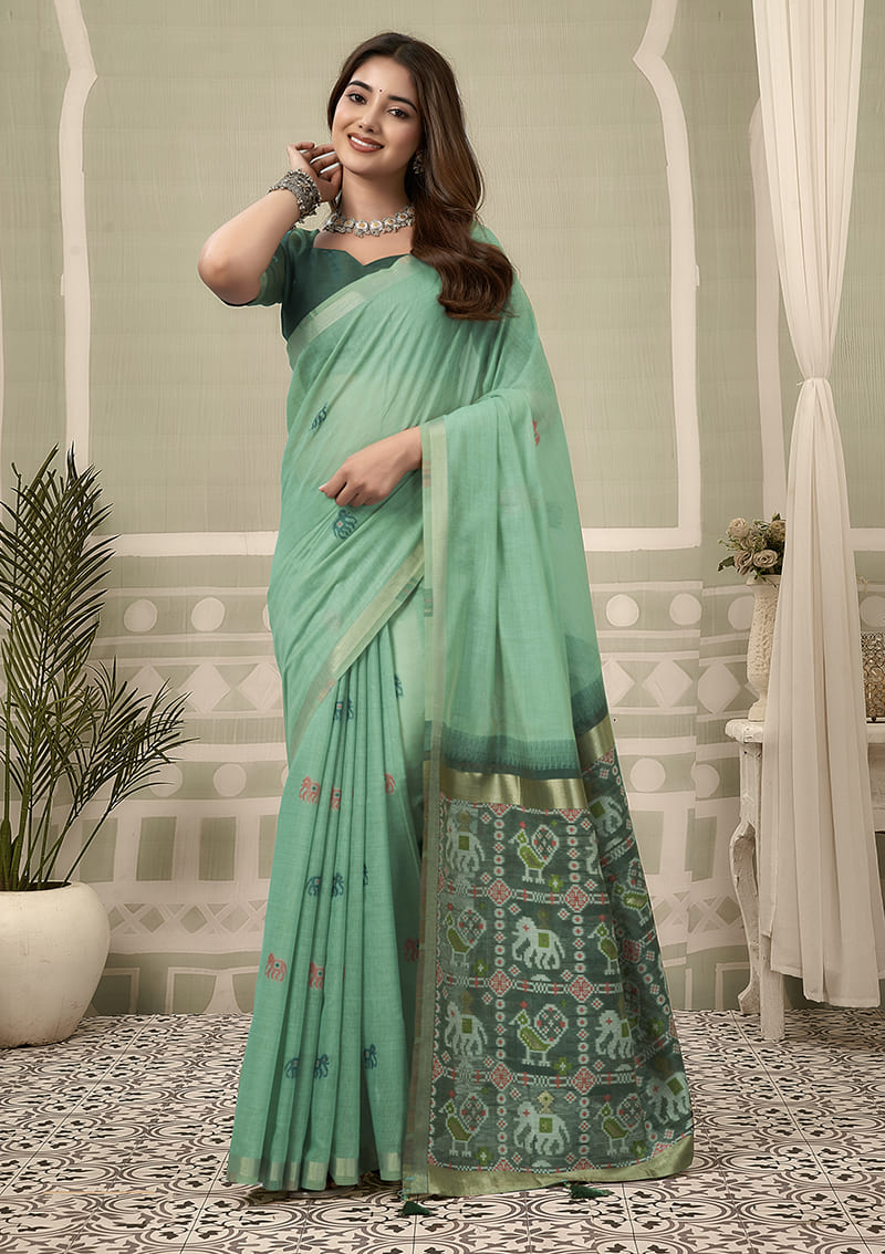 Monjolika Fashion Sea Green Linen Blend Saree with Woven Elephant & Geometric Pallu