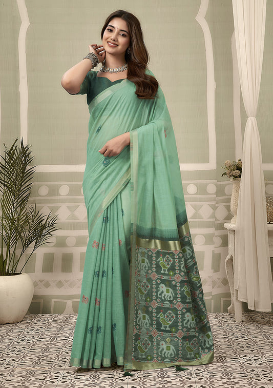 Monjolika Fashion Sea Green Linen Blend Saree with Woven Elephant & Geometric Pallu