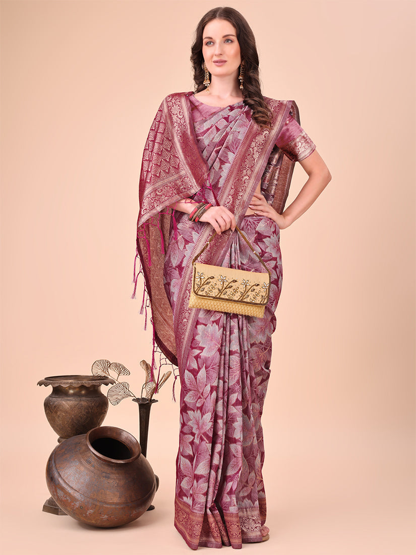 Monjolika Fashion Mauve Floral Print Cotton Silk Blend Saree with Zari Pallu