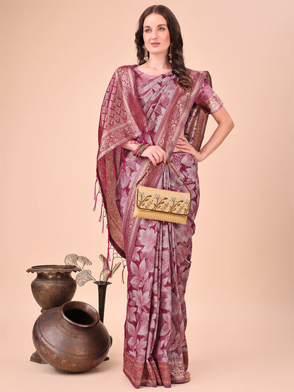 Monjolika Fashion Mauve Floral Print Cotton Silk Blend Saree with Zari Pallu