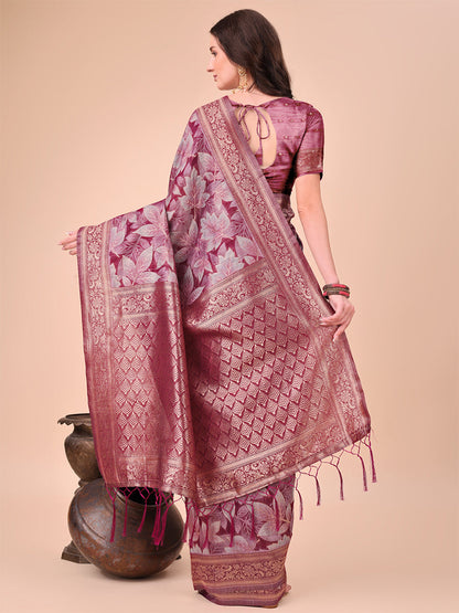 Monjolika Fashion Mauve Floral Print Cotton Silk Blend Saree with Zari Pallu