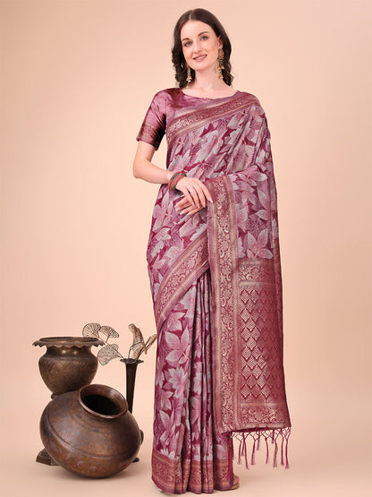 Monjolika Fashion Mauve Floral Print Cotton Silk Blend Saree with Zari Pallu
