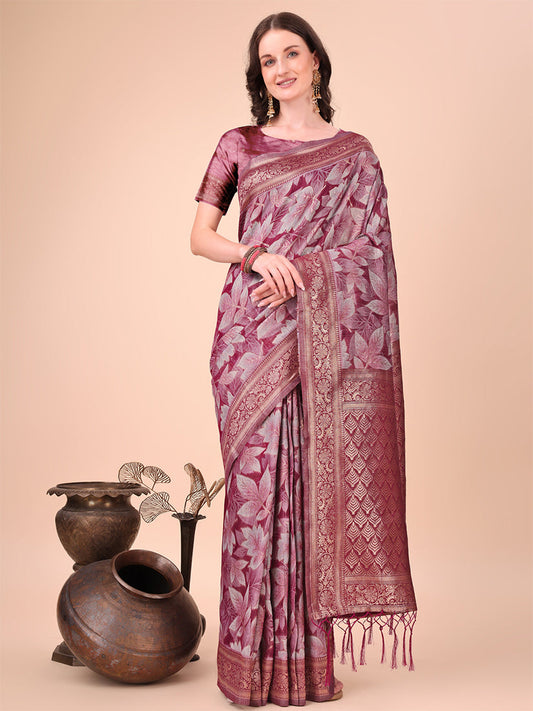 Monjolika Fashion Mauve Floral Print Cotton Silk Blend Saree with Zari Pallu