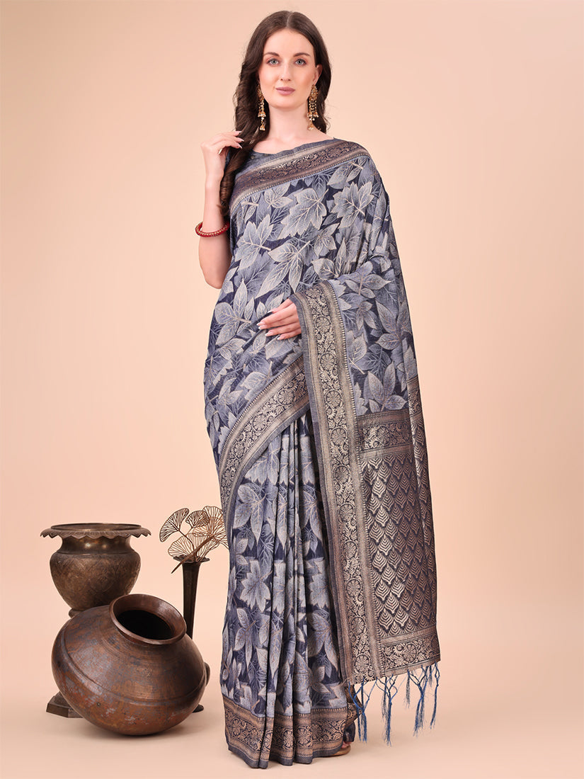Monjolika Fashion Grey Floral Print Cotton Silk Blend Saree with Zari Pallu