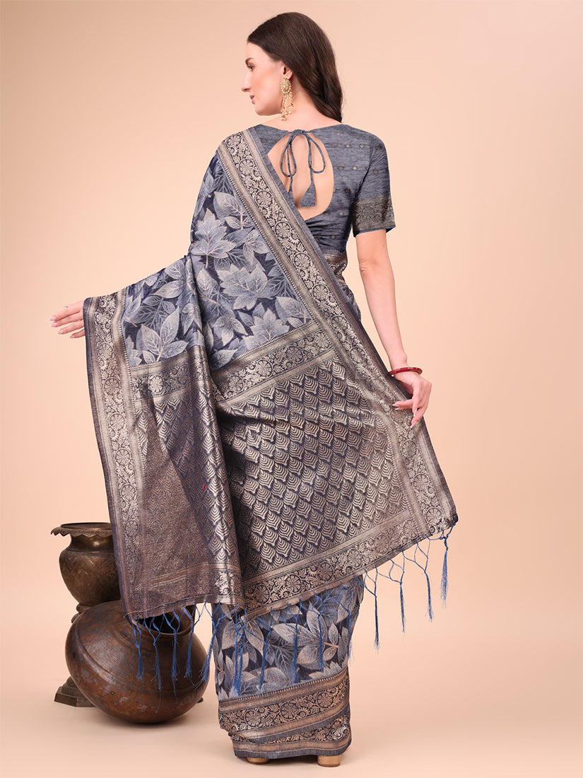 Monjolika Fashion Grey Floral Print Cotton Silk Blend Saree with Zari Pallu