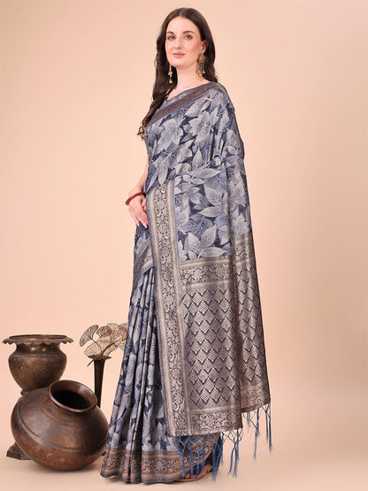 Monjolika Fashion Grey Floral Print Cotton Silk Blend Saree with Zari Pallu