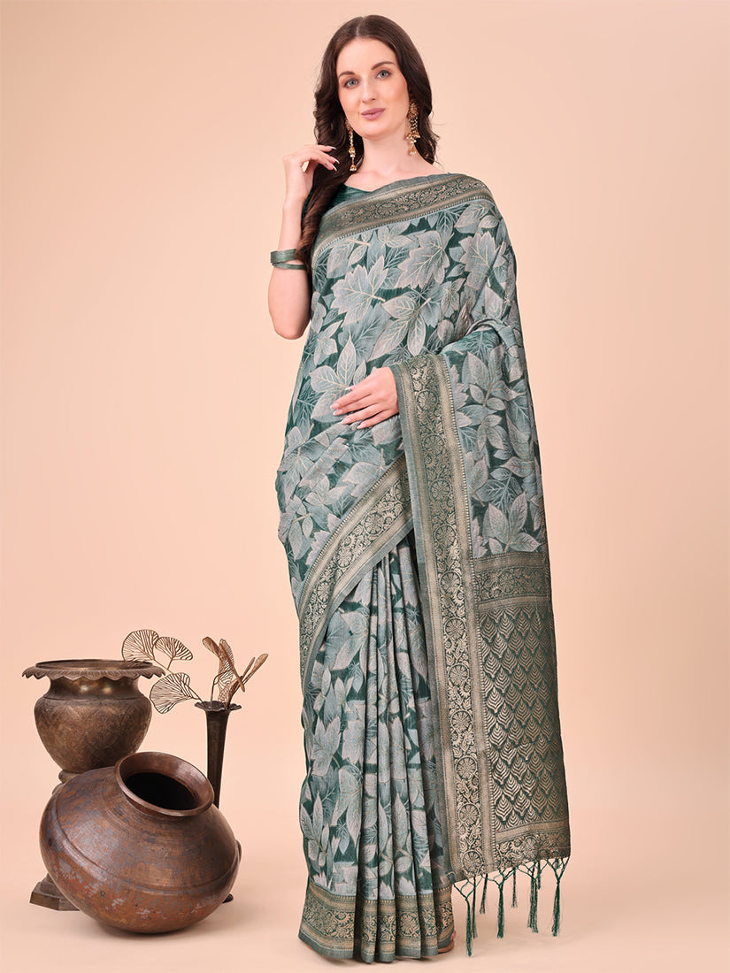 Monjolika Fashion Teal Green Floral Print Cotton Silk Blend Saree with Zari Pallu