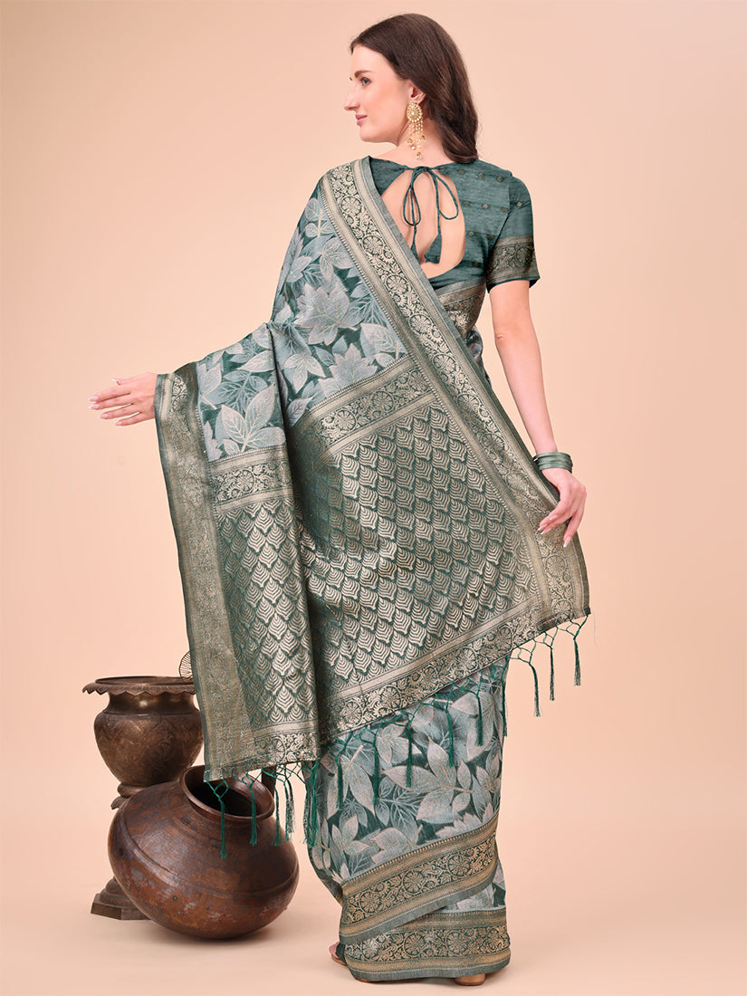 Monjolika Fashion Teal Green Floral Print Cotton Silk Blend Saree with Zari Pallu