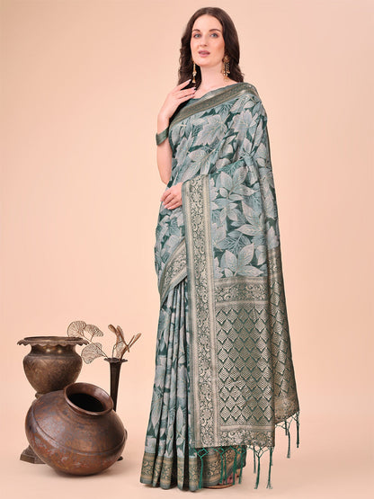 Monjolika Fashion Teal Green Floral Print Cotton Silk Blend Saree with Zari Pallu
