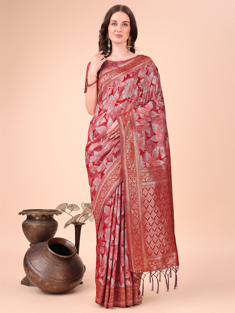 Monjolika Fashion Red Floral Print Cotton Silk Blend Saree with Zari Pallu