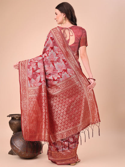 Monjolika Fashion Red Floral Print Cotton Silk Blend Saree with Zari Pallu