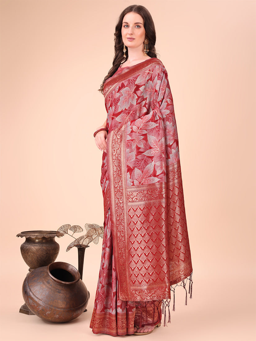 Monjolika Fashion Red Floral Print Cotton Silk Blend Saree with Zari Pallu
