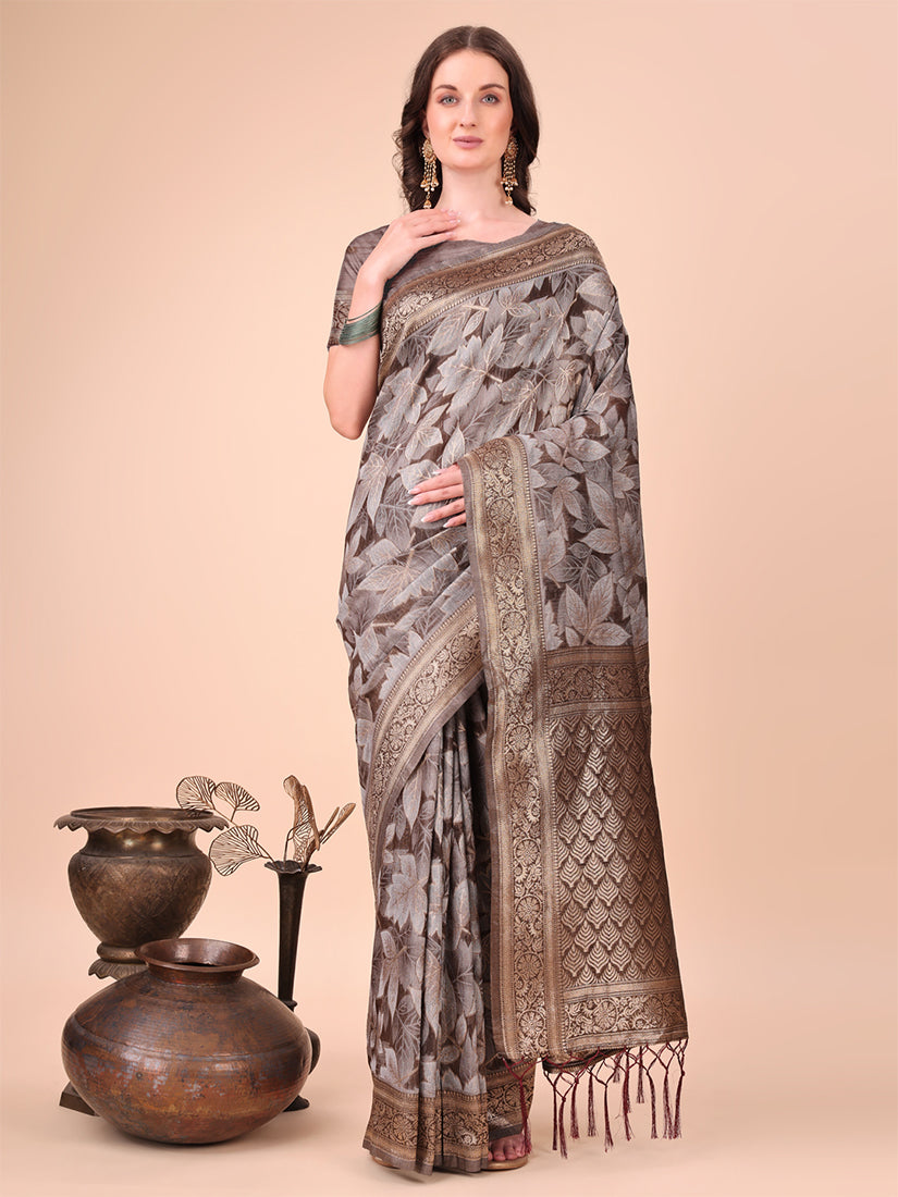 Monjolika Fashion Brown Floral Print Cotton Silk Blend Saree with Zari Pallu