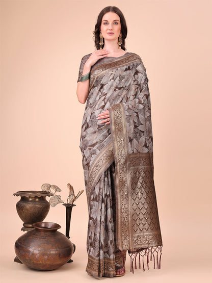 Monjolika Fashion Brown Floral Print Cotton Silk Blend Saree with Zari Pallu