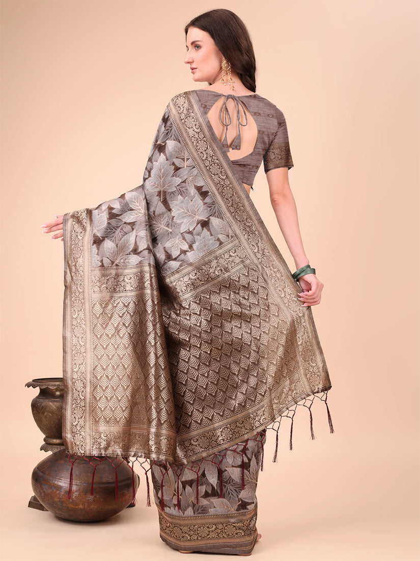 Monjolika Fashion Brown Floral Print Cotton Silk Blend Saree with Zari Pallu