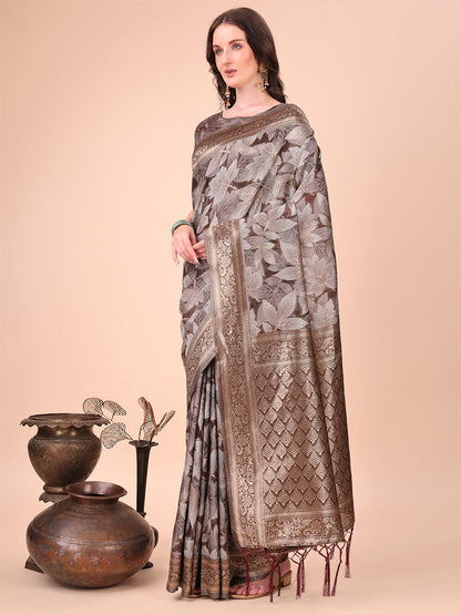 Monjolika Fashion Brown Floral Print Cotton Silk Blend Saree with Zari Pallu