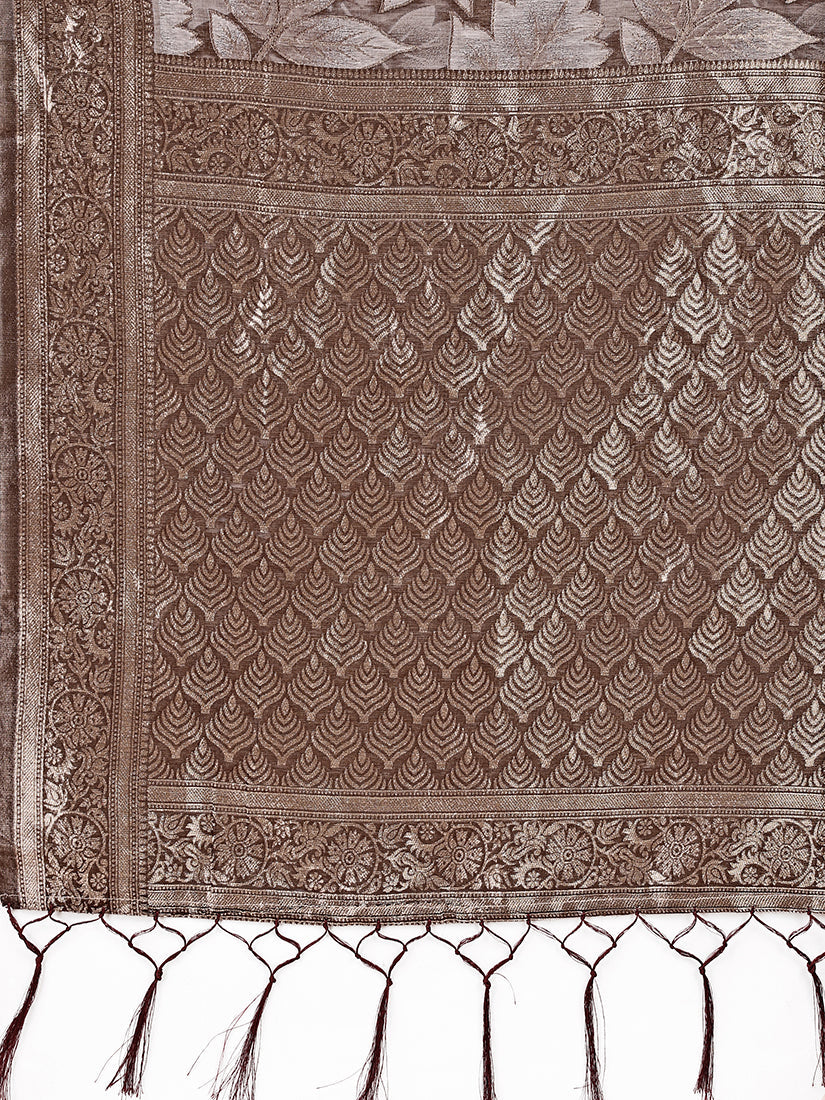 Monjolika Fashion Brown Floral Print Cotton Silk Blend Saree with Zari Pallu