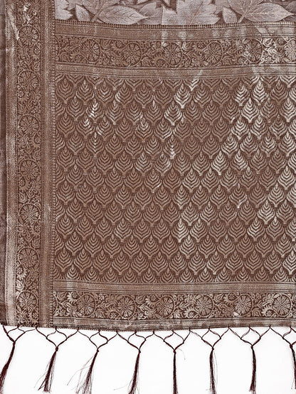 Monjolika Fashion Brown Floral Print Cotton Silk Blend Saree with Zari Pallu